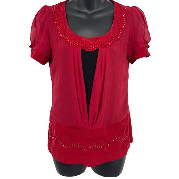 Burberry London Large Red Embellished Blouse Top Short Sleeve Scalloped Neck - Picture 1 of 8